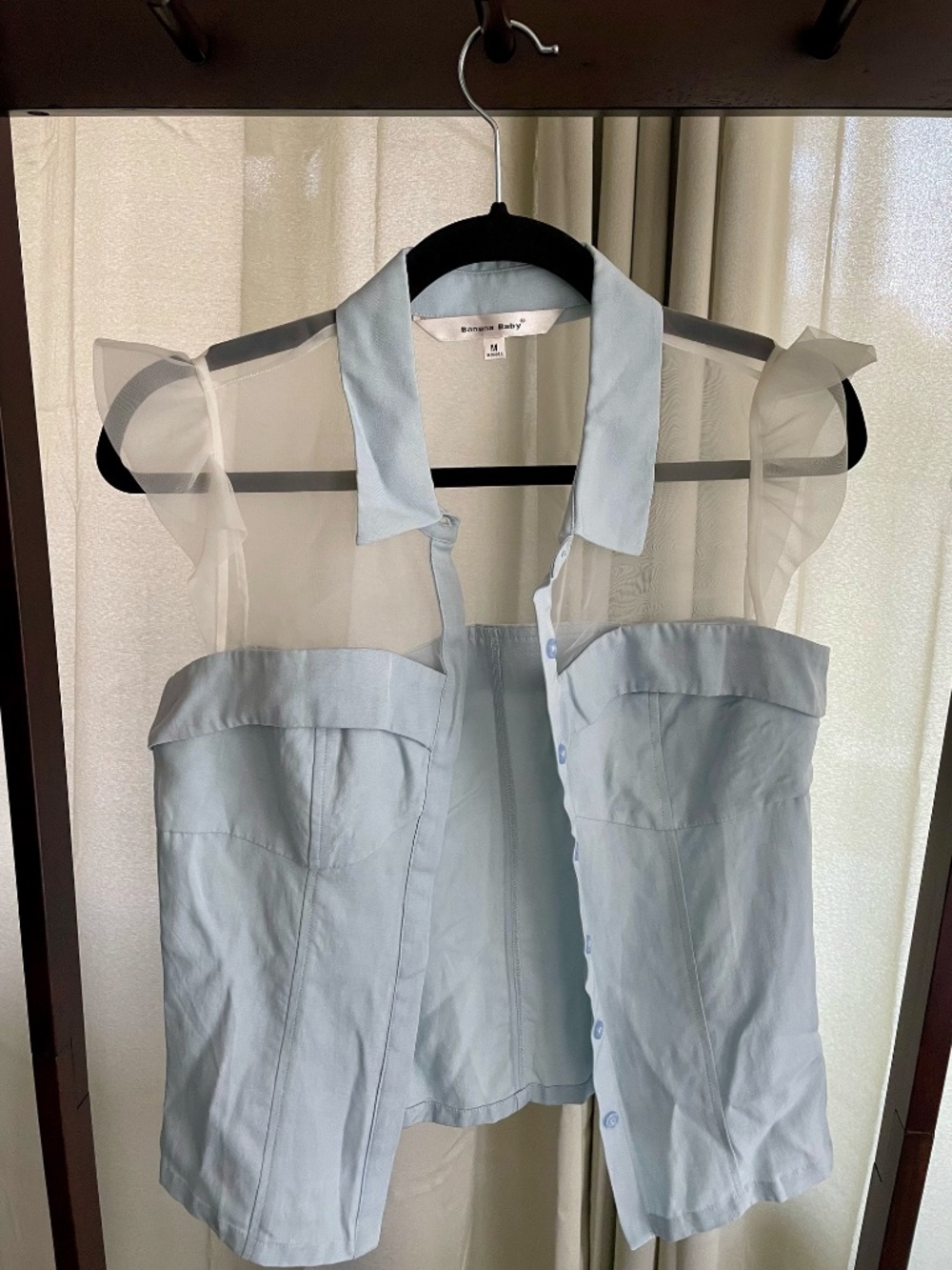 Baby Blue Corset Top | Sheer Organza Flutter Sleeves | Button Front K-Fashion S - Picture 3 of 9